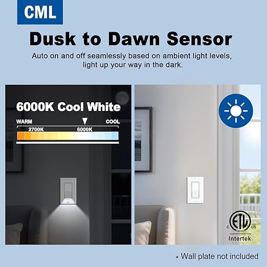 CML 3-Way Illuminated Light Switch, Decorator Rocker Wall Switch with LED Guide Night Light, 15A 120V Paddle Interrupter with Automatic On/Off Sensor, ETL Listed, White, 5 Pack