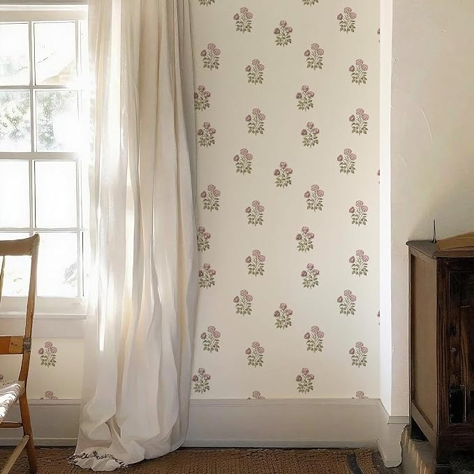 17.3"× 590.5" Vintage Floral Wallpaper Peel and Stick Boho Wallpaper Removable Waterproof Beige Rose Pattern Contact Paper for Bedroom, Bathroom, Home Wall