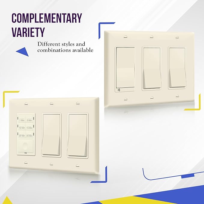 ENERLITES Decorator Light Switch or Receptacle Outlet Wall Plate, Gloss Finish, Size 3-Gang 4.50" x 6.38", Polycarbonate Thermoplastic, 8833-LA, Light Almond