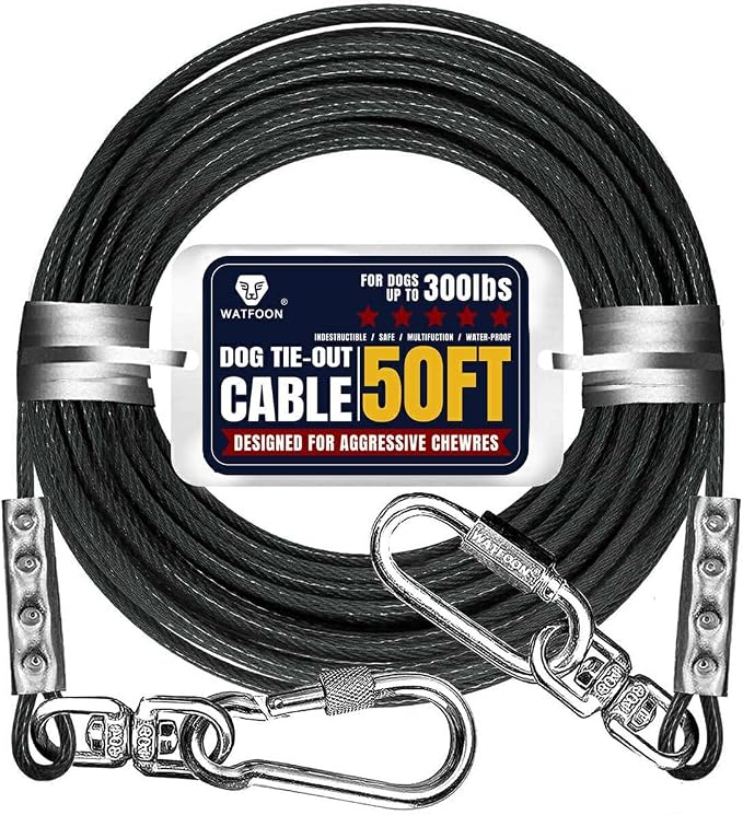 WATFOON 50Ft Dog Tie Out Cable, Training Leads Dog Run Leash for Yard, Reflective Heavy Duty Pet Runner Cable for Dogs Up to 300 Pounds, 1000lbs Break Strength Camping Steel Wire Chain