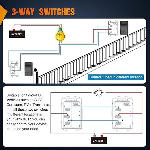Nilight 3 Way Switch On Off Toggle Rocker Control a Single Load from Two Separate Locations 12V 24V Waterproof 3-Way Switches for RV Camper Can-Am ATVs UTVs Cars Trucks
