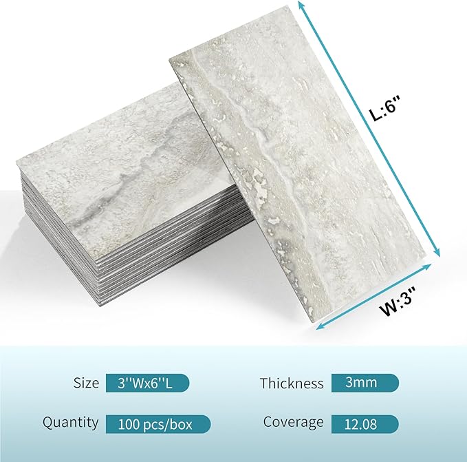 Vamos Tile 4-Piece Matt Beige Mixed Grey Slate Peel and Stick Backsplash Seamless Tile,3''x6'' PVC Subway Tile,Stick on Backsplash for Kitchen/Bathroom/Laundry Room