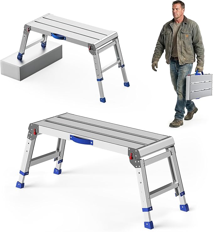 Loyoda Work Platform for Adults, Aluminum Foldable Long Step Stool Adjustable Height, Lightweight and Durable Portable Outdoor Aluminum Step Ladder, Maximum Load Capacity of 800 Pounds.