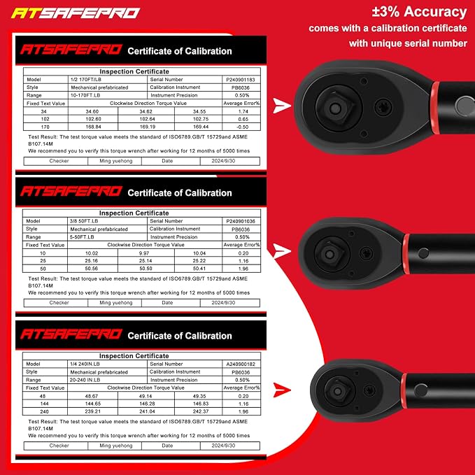 Torque Wrench Set,1/4 3/8 1/2-inch Drive Torque Wrench-20-240 in.lb,5-50 ft.lb,10-170 ft.lb,72-Tooth Dual Range Scales and Dual-Direction Adjustable Torque Wrench for Bike, Moto and Car Maintenance