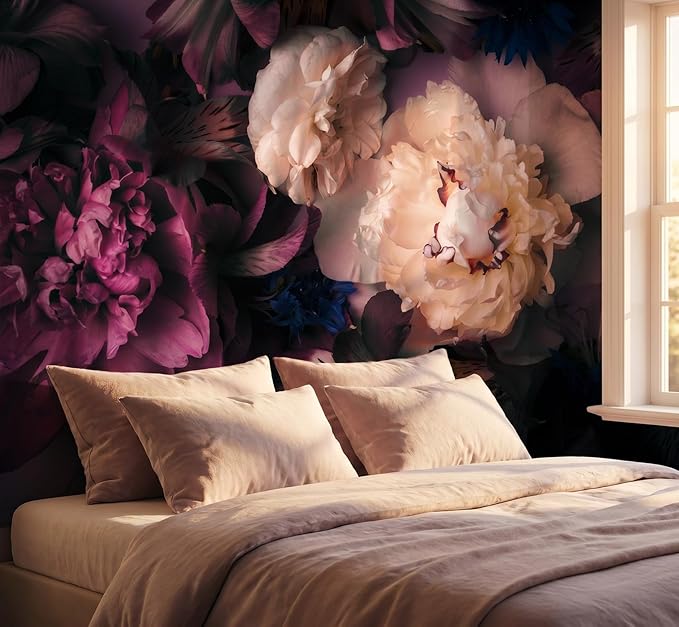 MFWFM Dark Floral Peel and Stick Wallpaper Peony Flowers Wall Murals | 137"x96", for Bedroom Living Room Bathroom, Self Adhesive Canvas