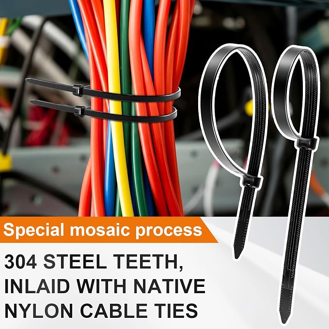 Blulu 200 Pcs 13 Inch Heavy Duty Cable Zip Ties, 9.7mm Extra Wide, 100 Lbs Tensile Strength, Metal Tooth Stainless Steel Locking, Black UV Resistant Wire Wraps for Industrial, Indoor and Outdoor Use