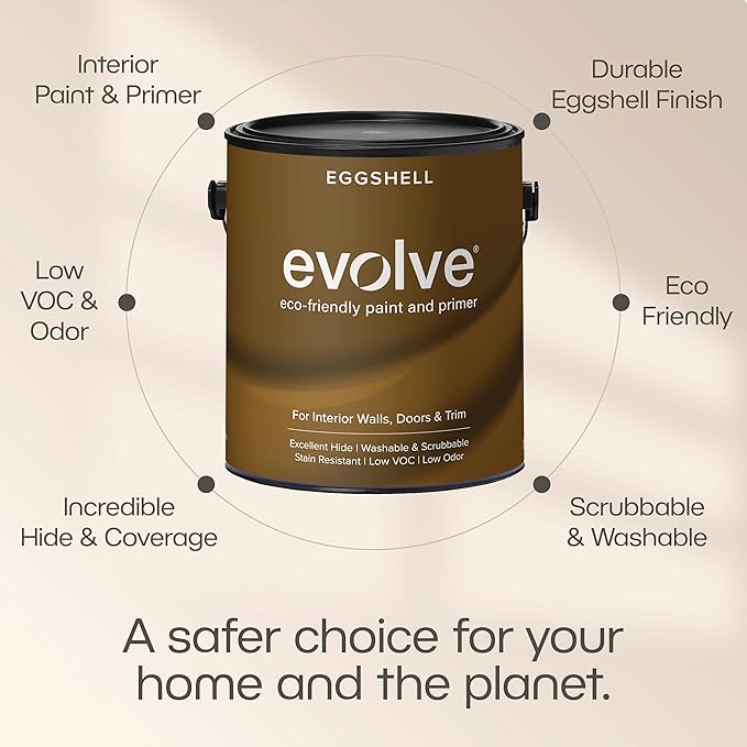 EVOLVE Interior Paint & Primer, Eggshell (Dove White), 5 Gallon – One-Coat Coverage, Excellent Hide, Low VOC, Low Odor, Washable Paint for Walls, Doors & Trim