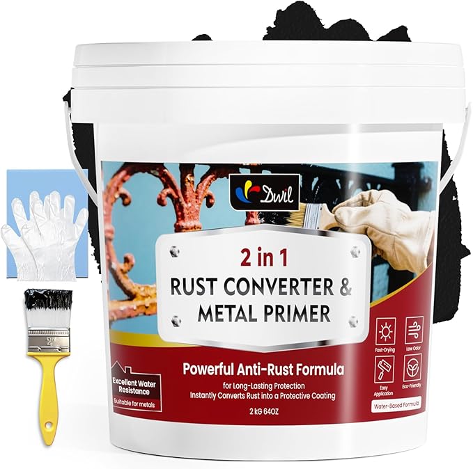 DWIL Rust Converter for Metal, 2 in 1 High-Flow Fluidity Metal Paint, Converts Rust to Long-Lasting Protective Coating, Anti Rust and Rust Prevention Paint, No Primer Needed, Black, 64 oz