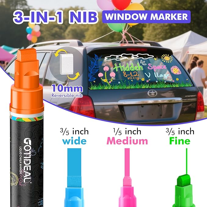 GOTIDEAL 10mm Window Markers,Chalk Markers for Blackboard,Washable Car Marker for Chalkboard,Glass Mirror, Jumbo Thick Tip Window paint markers Erasable for Wedding Married Painting,Menus(8 Colors