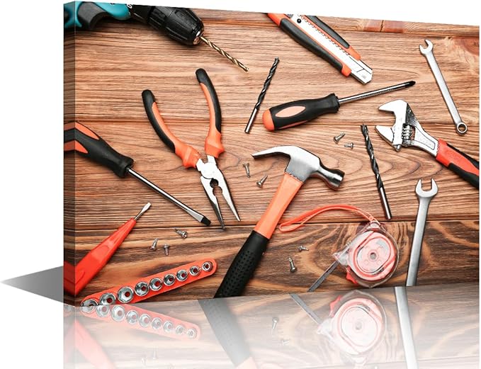 Wooden Table Old Tools Canvas Wall Art Background 1 Panels Tape Measure Pliers Artwork Frameds Modern Pictures for Office Meeting Room Study Decor Ready to Hang for Home Wall Decor ((16"Wx24"H)