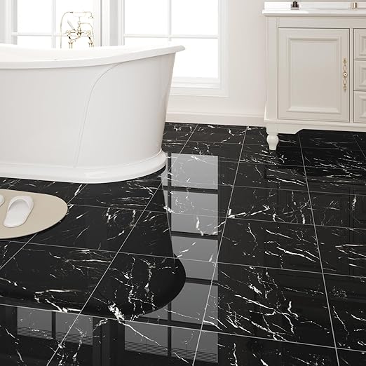 40-Pack Peel and Stick Floor Tiles Vinyl Floor 12 x 12 inch Self Adhesive Waterproof Flooring Planks DIY for Bathroom, Kitchen, Living Room, RV, Cover 40 Sq. Ft, Polish Black Marble