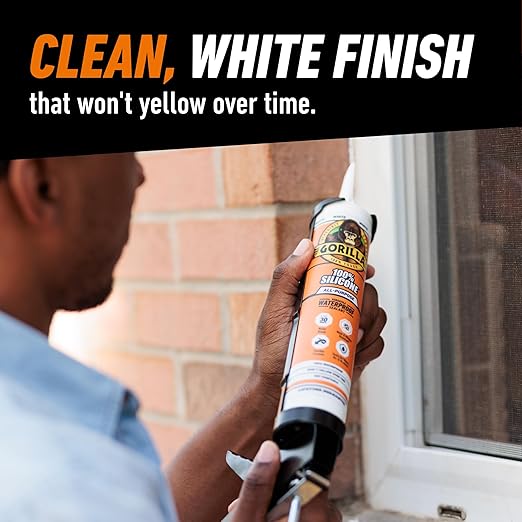 Gorilla 100% Silicone Waterproof Caulk, All‑Purpose Sealant, Mold & Mildew Resistant, Flexible Seal, White, 10 oz Cartridge (Pack of 1)