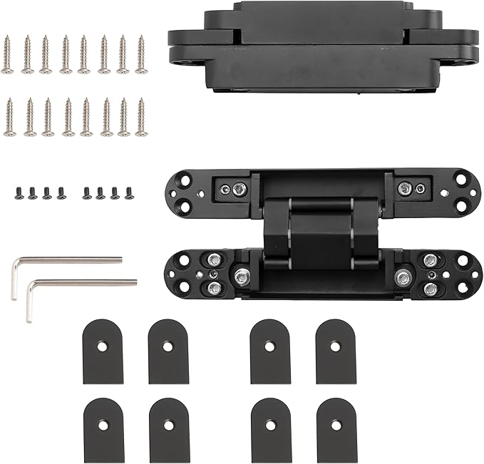 2-Pack 7 inch Black Hidden Door Hinges Heavy Duty, Zinc Alloy Invisible Hinges, Concealed 180 Degree Swing Hinge, 3 Way Adjustable Butt Hinge