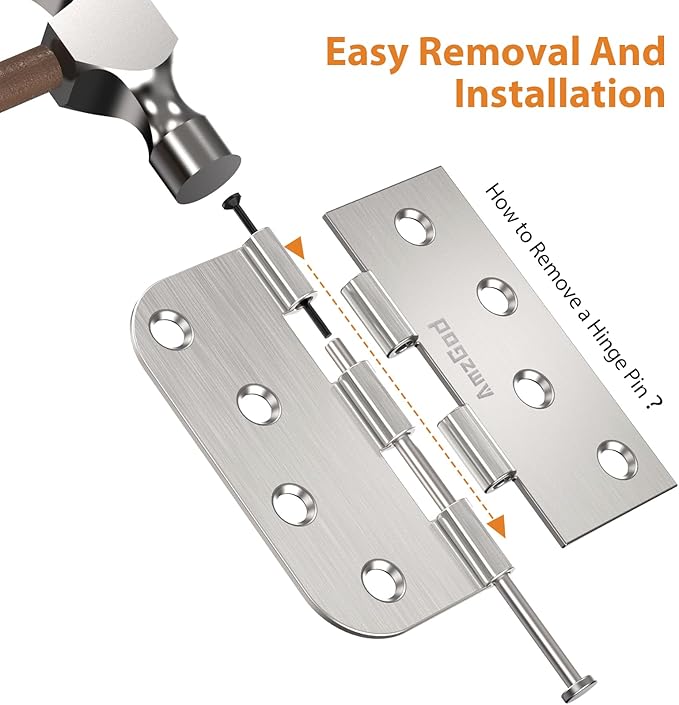 18 Pack Brushed Nickel Door Hinges, 4 Inch Exterior Door Hinges with Square & 5/8" Radius, 4 in Satin Nickel Heavy Duty Residential Front and Back Hinges, Removable Pin & No Squeaks