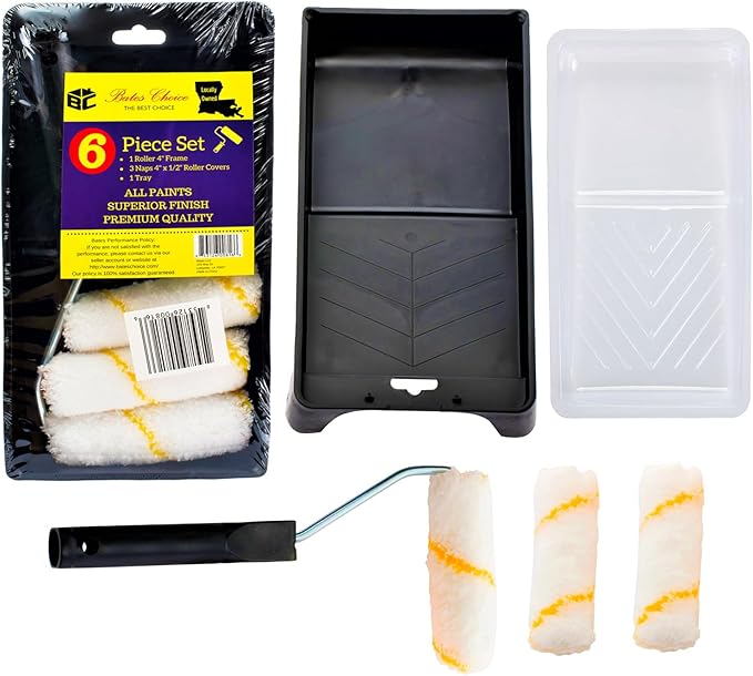 Bates- Paint Tray Set, 6 pcs, 4-Inch Paint Roller Kit, Small Paint Roller Paint Brush