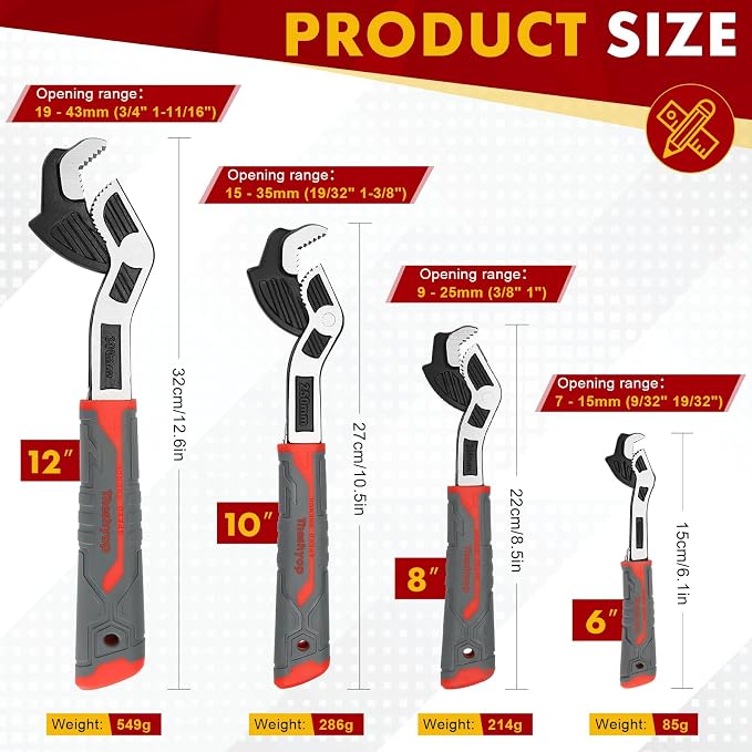 Multifunctional Self locking Wrench, Self Adjusting Pipe Wrench, 8 Inch Plumbers Wrench for (9-25mm) 3/8”-1”Nuts, Irregular Nuts, Pipes Use, Chrome Vanadium Alloy Steel (8 In)