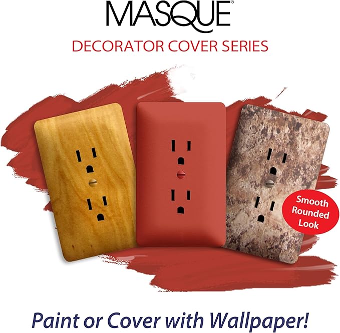 TayMac 2000W MASQUE 2000 Mid-size White 1-Gang Decorator Grounded Duplex Wall Plate, Paintable Outlet Cover Replaces Old Wall Plate