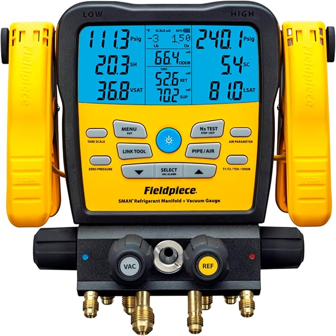 Fieldpiece SM482V Wireless 4-Port SMAN Refrigerant Manifold with Vacuum Gauge – Air Conditioning/Refrigerant Digital Gauges for HVAC & Refrigeration