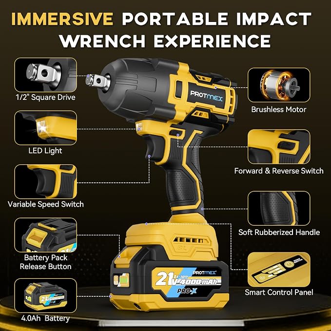 900Ft-lbs (1200N.m) Impact Wrench, 1/2" Cordless Impact Gun, 21V High Torque Brushless Impact Driver, 2x4.0Ah Batteries Electric Impact Motor Variable Speeds for Car/Pickup Truck/Mower, Yellow