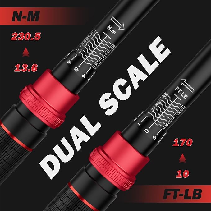 VANPO 1/2 Inch Drive Torque Wrench for Lug Nuts & Automotive, 10-170 Ft-Lb | Click Type, ±3% Accuracy,72-Tooth Dual-direction Ratchet, Dual Scale, for Tire, Car & Motorcycle Repair