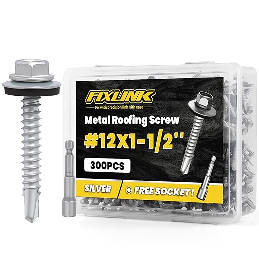 Metal Roofing Screws #12 x 1-1/2", 300 PCS, FIXLINK RUSPERT Hex Head Rubber Washer Sheet Metal Roof Screws Self Drilling Metal to Wood Siding Screws, Hex Socket Included, Silver