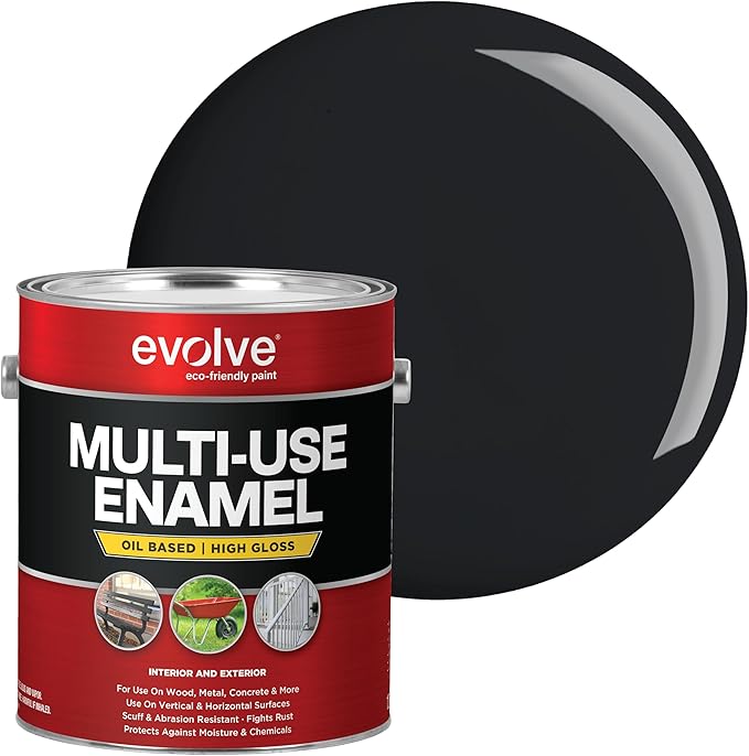 EVOLVE Multi-Purpose Alkyd Enamel – Interior Exterior Oil-Based Paint for Wood, Metal, Concrete, & Masonry, High-Gloss, Rust & Abrasion Resistant (Gloss Black, 1 Gallon)