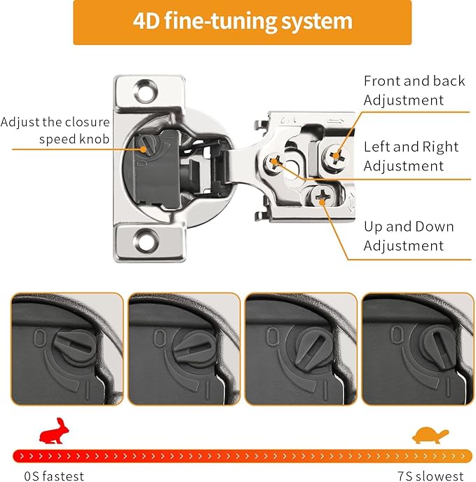 Chibery 60 Pack 1/2" Overlay 4D Soft Close Concealed Hinges for Face Frame Door, Adjustable Closing Speed, Smooth Slow Self Close Hinges, Satin Nickel, 105° Open Angle Stainless Steel Cabinet Hinges