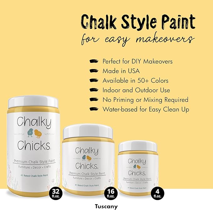 Chalky Chicks 32 Fl Oz Matte Tuscany (Yellow) Chalk Paint for Furniture Without Sanding - No Prep Furniture Paint No Sanding All in One for Crafts, Wood, Walls, Cabinet, Metal, Dresser