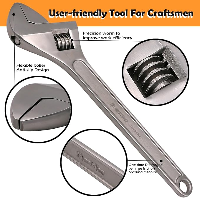 WEDO 5PCS Adjustable Wrench Set 4",6",8",10",12",Stainless Steel | Wide Jaw Spanner,Professional Spanner,Precision Jaws,Corrosion Resistant,For Automotive,Home and Plumbing Repairs