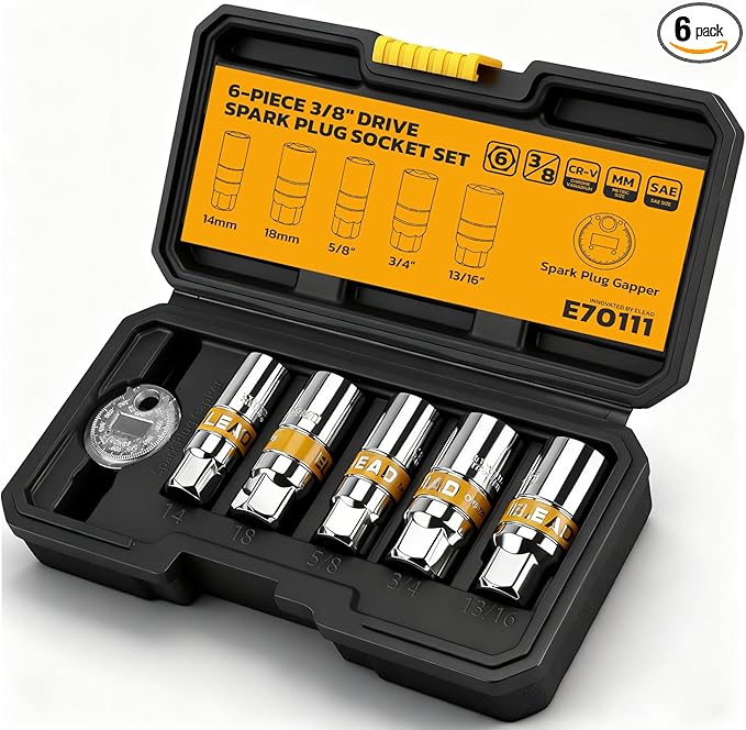 6-Piece 3/8" Drive Spark Plug Socket Set with Spark Plug Gapper, SAE & Metric, 5/8", 3/4", 13/16", 14mm, 18mm, CR-V Sockets with Rubber Holding Rings