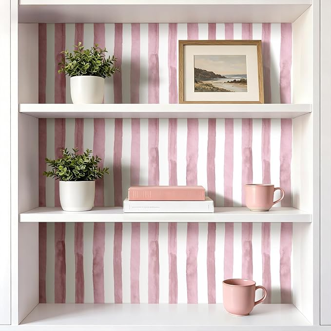 Pink Striped Wallpaper Peel and Stick Stripe Wallpaper Pink and White Striped Contact Paper Stripes Watercolor Stripe Prepasted Bathroom Adhesive Cute Girls Room Girl Girly Removable 17.5x80 HelloWall