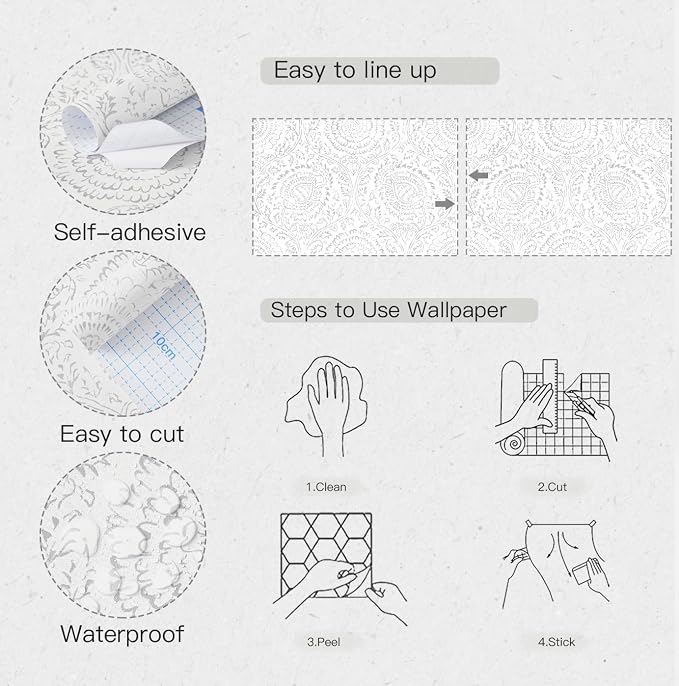 Heroad Peel and Stick Wallpaper Modern Floral Wall Paper Boho Grey Contact Paper Removable Self Adhesive Waterproof Wallpaper for Bedroom Bathroom Walls and Kitchen Cabinet Vinyl 17.3”x385”