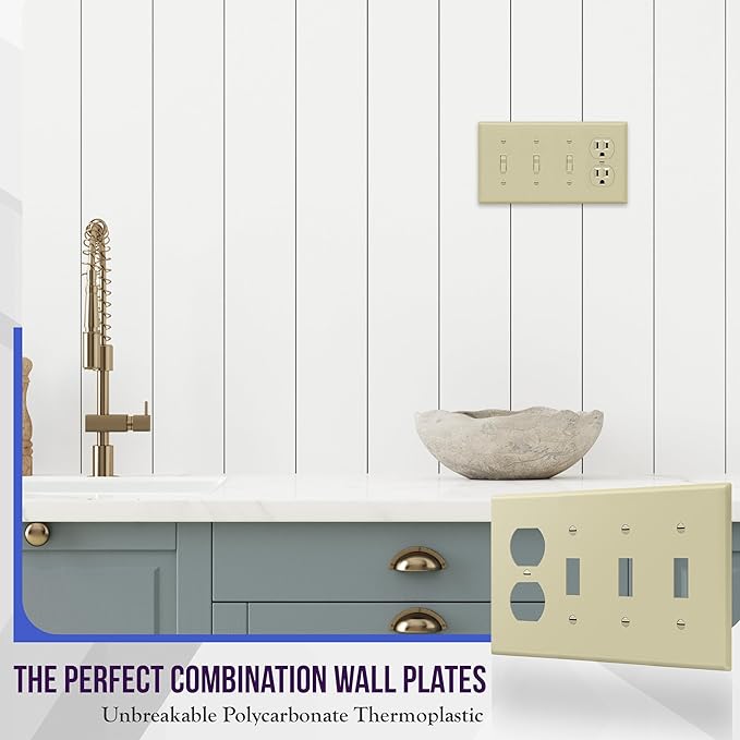 ENERLITES Combination Triple Toggle/Single Duplex Receptacle Outlet Wall Plate, Standard Size 4-Gang Light Switch Cover (4.50" x 8.19"), Polycarbonate Thermoplastic, UL Listed，881321-I, Ivory
