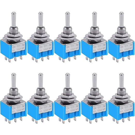 Taiss 10pcs DPDT Mini Toggle Switch - 6-Pin 3 Position ON/Off/ON - 6A 125V MTS-203