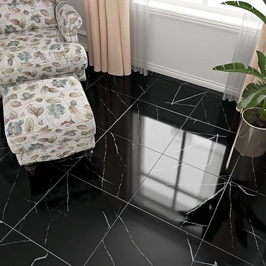 WESTICK 5 Pack Black Marble Vinyl Floor Tile Peel and Stick Flooring Luxury Bathroom Floor Tiles Peel and Stick Waterproof Kitchen Self Sticky Vinyl Flooring Tiles for Bedroom Basement 12" x 12"