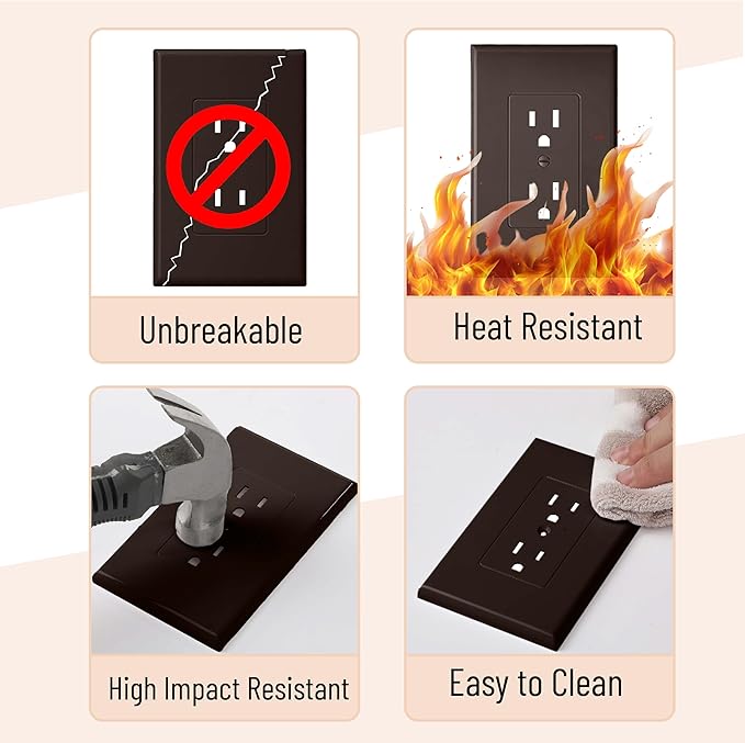 Bates- 1-Gang Duplex Wall Plate, 3.18"x 4.98", 10 Pack, Dark Brown, Unbreakable Electrical Outlet Cover Plates, Heat & Impact Resistant, Easy-to-Clean, Duplex Receptacle Cover for Home & Office