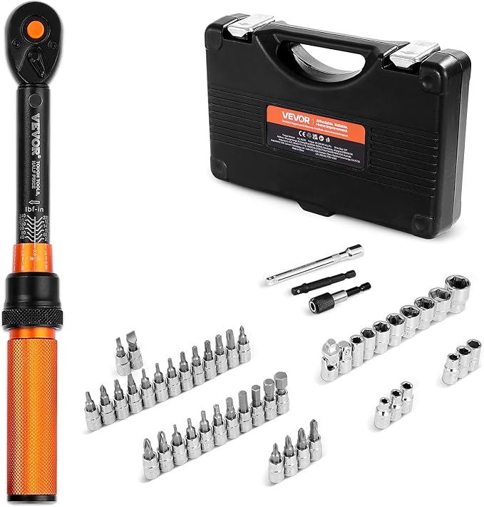 VEVOR 50Pcs Torque Wrench Set, 1/4 Inch Drive, 20-240IN.LB(2.3-27.1Nm), 72-Tooth Inch Pound Click Torque Wrench with Bit Sockets, Adapters, for MTB, E-Bike, Motorcycle
