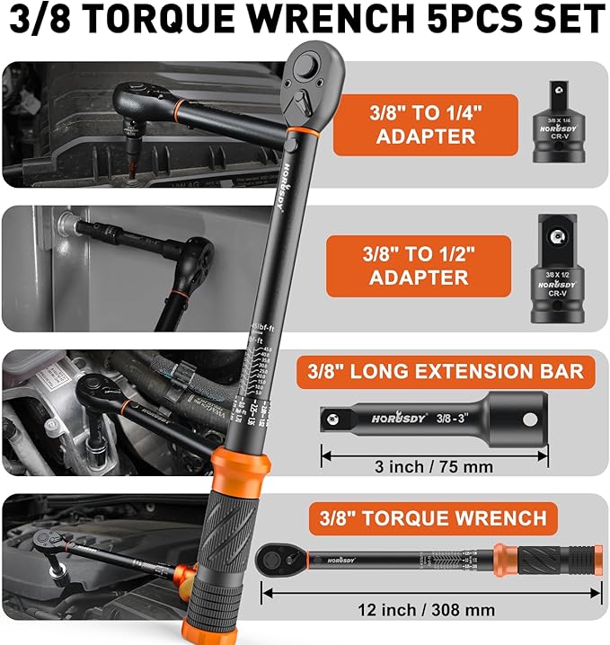 HORUSDY 3/8" 5PCS Torque Wrench Set(5–45 ft-lb/ 6.8–61 Nm) – Torque Wrench 3/8 Drive with 3" Extension, 3/8" to 1/4" & 3/8" to 1/2" Adapters, Case for Bike, Car, Moto & Other Repair
