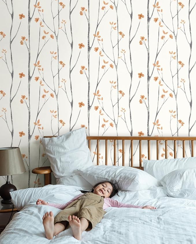 Timeet Boho Peel and Stick Wallpaper Floral Wall Paper Tree Contact Paper White and Orange Clearance Removable Self Adhesive Thicken Eco-Friendly Deacoral Bedroom Bathroom 16.14"x78.7"