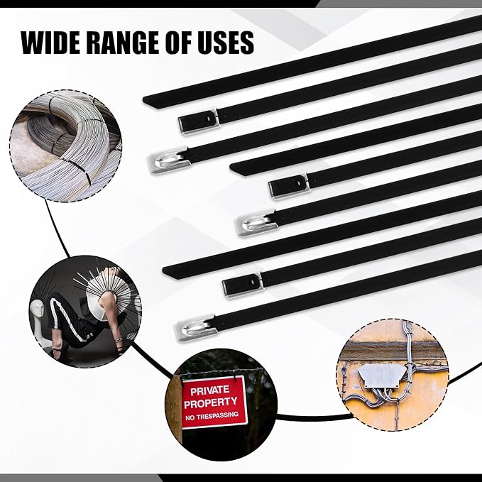 Pelopy 500 Pcs 6", 10", 14" Metal Zip Ties Black 304 Stainless Steel Zip Ties Epoxy Coated Tie Heavy Duty Cable Self Locking Cable Multi Purpose for Machinery Vehicles Exhaust Wrap Outdoor Fence Farms