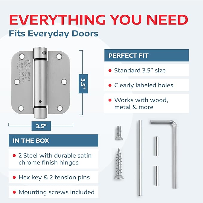 A1 ProGuard - Self Closing Spring Loaded Hinges, 3.5 Inch, Adjustable Tension for Garage, Front, Back Door, Door Closer Hinge, UL Listed, Left/Right Hand, 5/8'' Radius Corners, Brushed Nickel, 2 Pack