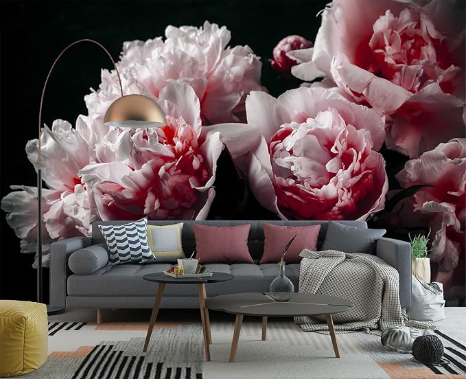 YIHWM-Peel and Stick Pink Flowers Wallpaper Dark Peony Floral Wall Mural | Tear-resistant,with a substantial feel;Will not be damaged during repositioning.Bathroom,Bedroom wallpaper.S-80"x58"