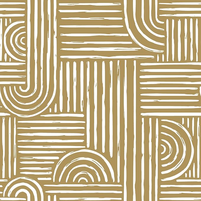 Livelynine Geometric Abstract Peel and Stick Wallpaper White and Gold Mid Century Modern Neutral Mustard Yellow Golden Beige Designs Wallpaper Boho Contact Paper Rolls Minimalist Removable 17.5x78.8