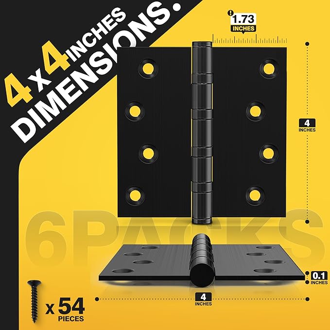 KOLET Ball Bearing Door Hinges, 4 x 4 Inches Exterior Square Door Hinges, Square Corner Heavy Duty Hinges, Commercial Grade Stainless Steel, Smooth and Non Removable Pin, Matte Black, 6 Pack