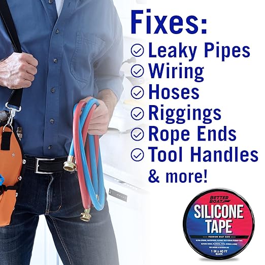 Better Boat Self Fusing Silicone Tape Waterproof Black, Hose Repair and Electrical Tape, Plumbing Tape for Leaks, 1 in x 40 ft