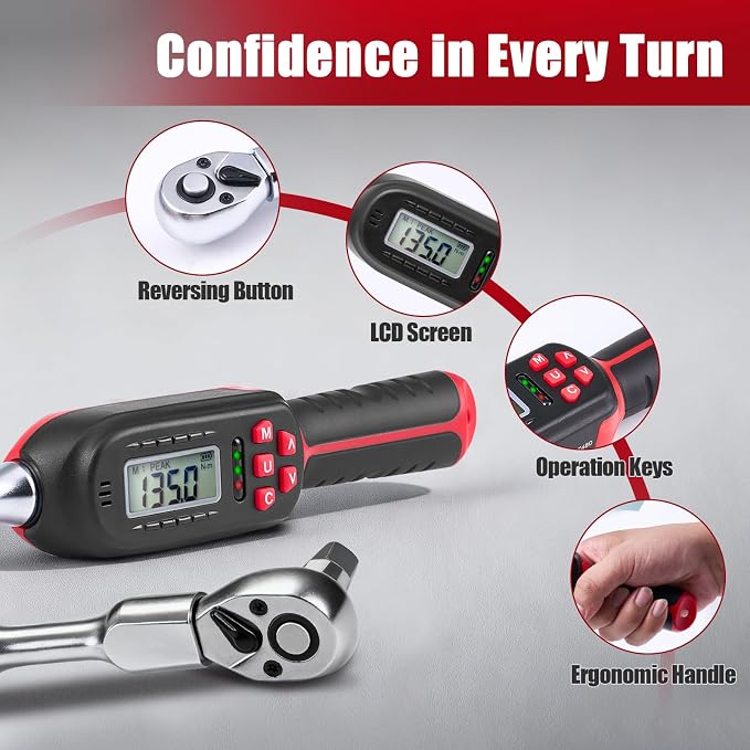 Adjustable Digital Torque Wrench for HVAC 5-100 ft.lb/6.8-135 N.m | Interchangeable Electronic Torque Wrench, 42 mm Open End and 1/2 inch Ratchet, 2% Accuracy, LED Buzzer Alert