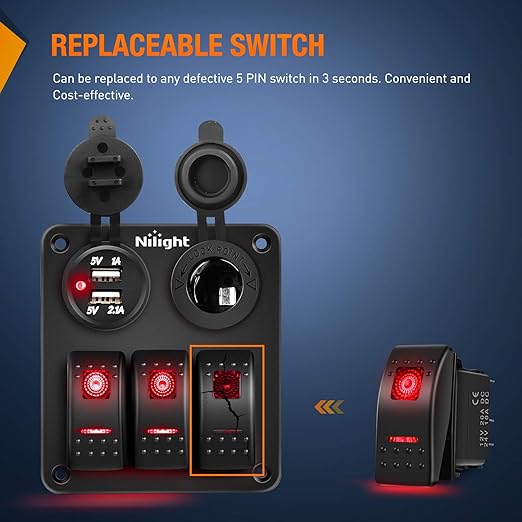 Nilight 6 Pack Rocker Switches with Night Glow Stickers 5 PIN SPST Red Backlit 12V/24V Toggle for Cars Trucks RVs Boats Auto Motorcycles