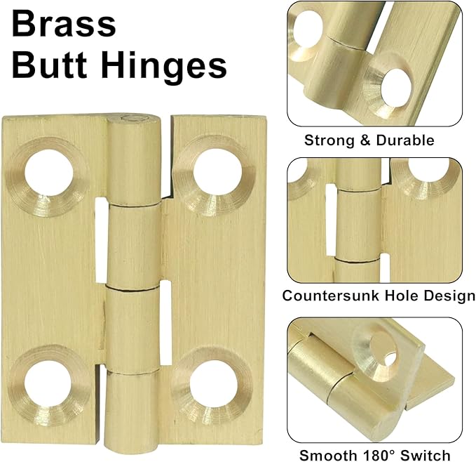 Murtenze 4 Pcs 1 Inch Mini Solid Brass Hinges，Brass Cabinet Hinges Small Box Hinges Butt Hinges for Cabinet, Drawer, Wood Box