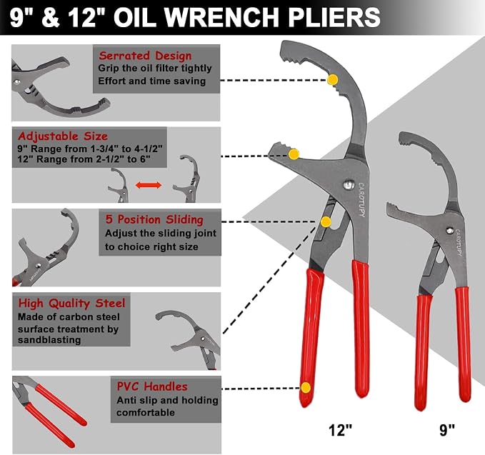 Oil Filter Wrench Set, Oil Filter Pliers with Small Funnel, 10 Pcs | Universal Oil Filter Removal Tool, 9" & 12" Oil Filter Pliers, Adjustable 3-Jaw Oil Filter Wrench, Small Snap-On Oil Funnel