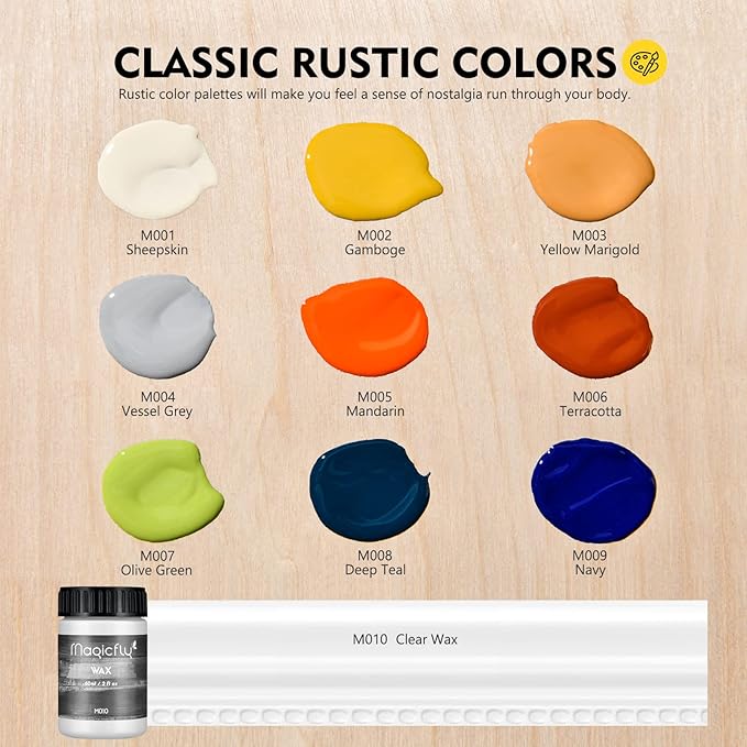 Magicfly 15 Pcs Chalk Furniture Paint Set, 9 Colors Ultra Matte Finish Acrylic Craft Paint Set (60 ml/2 oz) with Liquid Wax, 2 Brushes, 3 Sandpapers, Chalk Paint for Furniture, Crafts, Rustic Colors